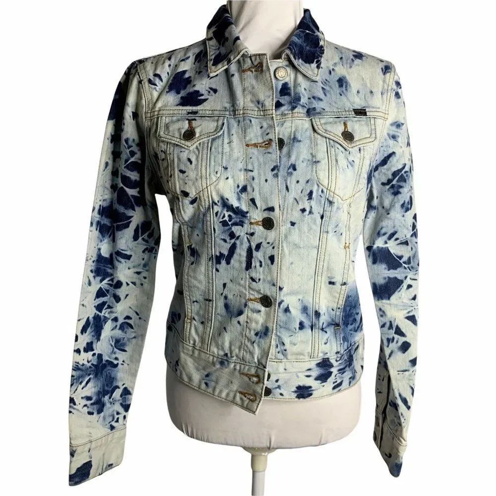 Lucky Brand Tie Dye Denim Jacket S Blue Button Front Long Sleeves Pockets NEW